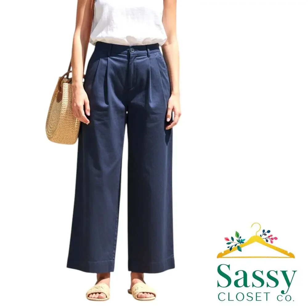 Banana Republic Navy Linen Blend Wide Leg Pants 2P Petite High Rise Stretch EUC